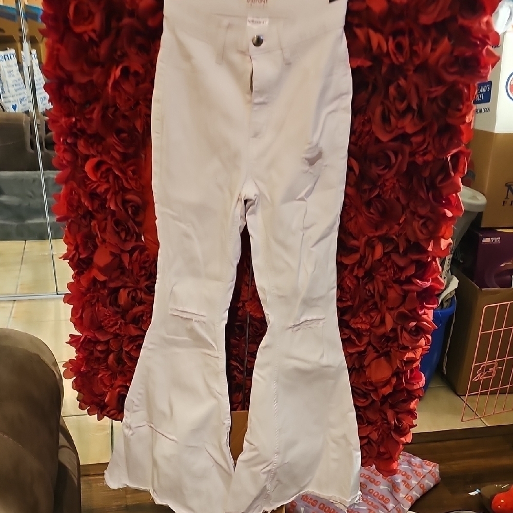 Women's White Flared White Jeans With Rips Size 3 (Waist 25)